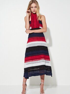 MOSSMAN Patriot Lace A-Line Midi Dress Red Navy Stripes Print Size US 8